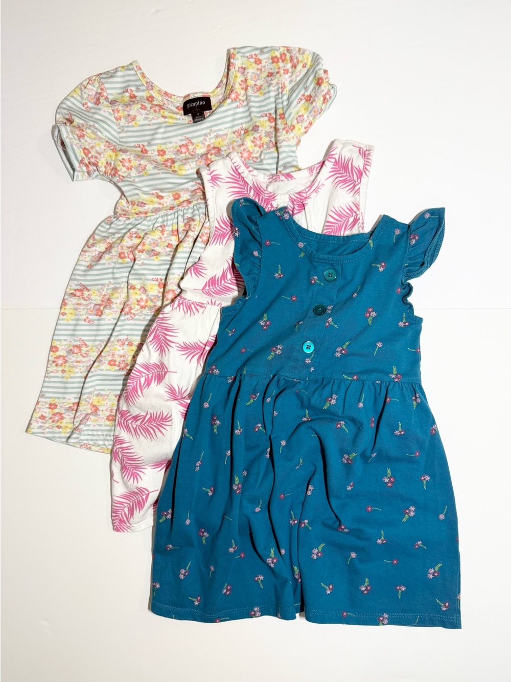 Girls' three dress bundle size 4T, blue floral, pink feather& yellow floral.